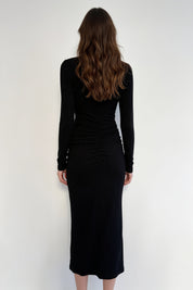 Black Deep V-Neck Ruched Long Sleeve Midi Dress