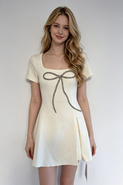 Cream Crystal Bow Square Neck Skater Mini Dress