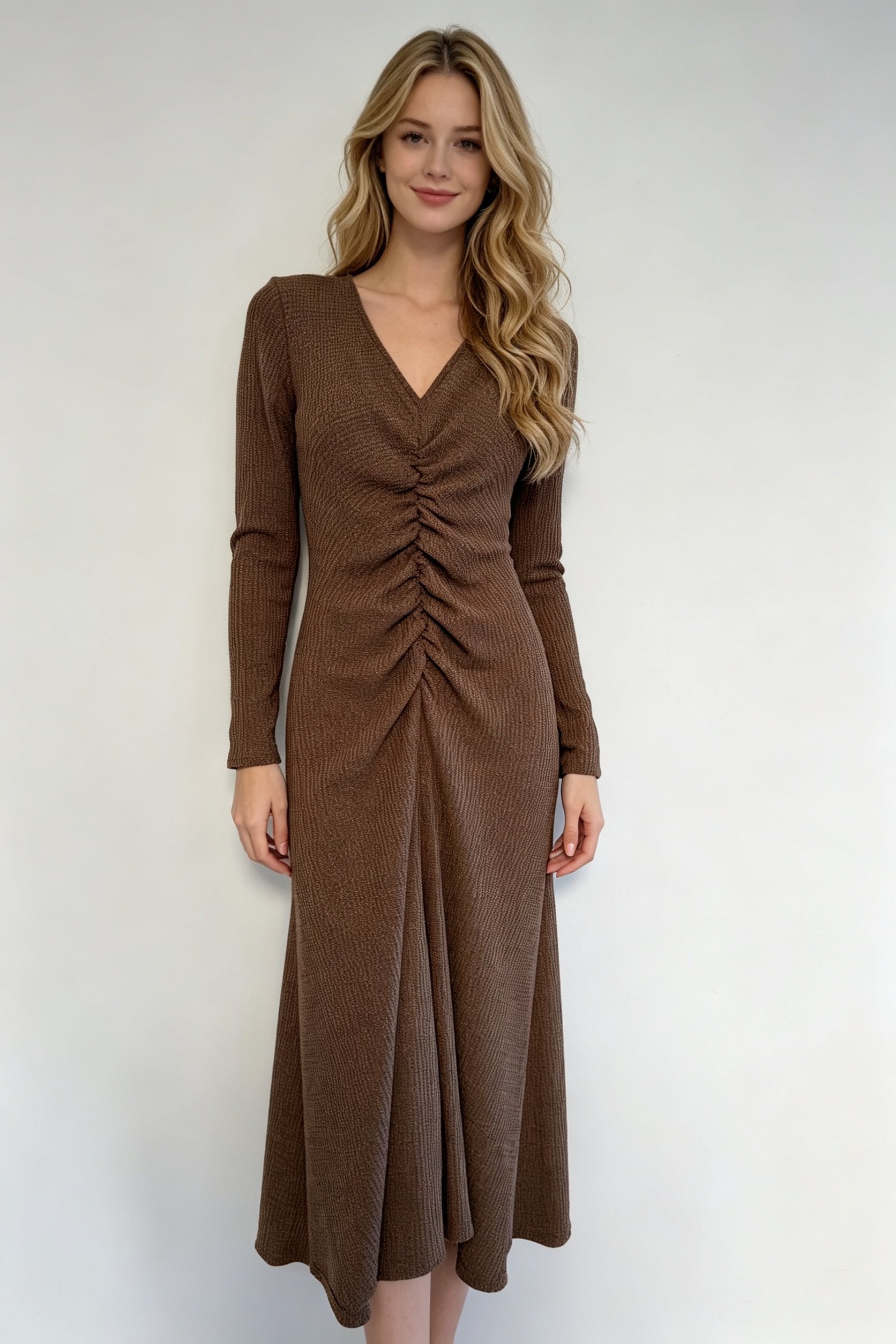 Chocolate Brown Ribbed Knit V-Neck Ruched Long Sleeve Midi Dress