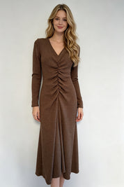 Chocolate Brown Ribbed Knit V-Neck Ruched Long Sleeve Midi Dress