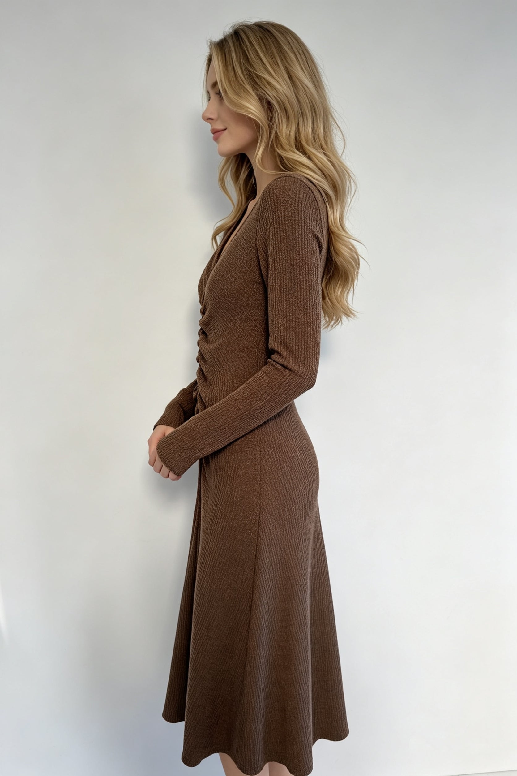 Chocolate Brown Ribbed Knit V-Neck Ruched Long Sleeve Midi Dress