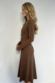 Chocolate Brown Ribbed Knit V-Neck Ruched Long Sleeve Midi Dress
