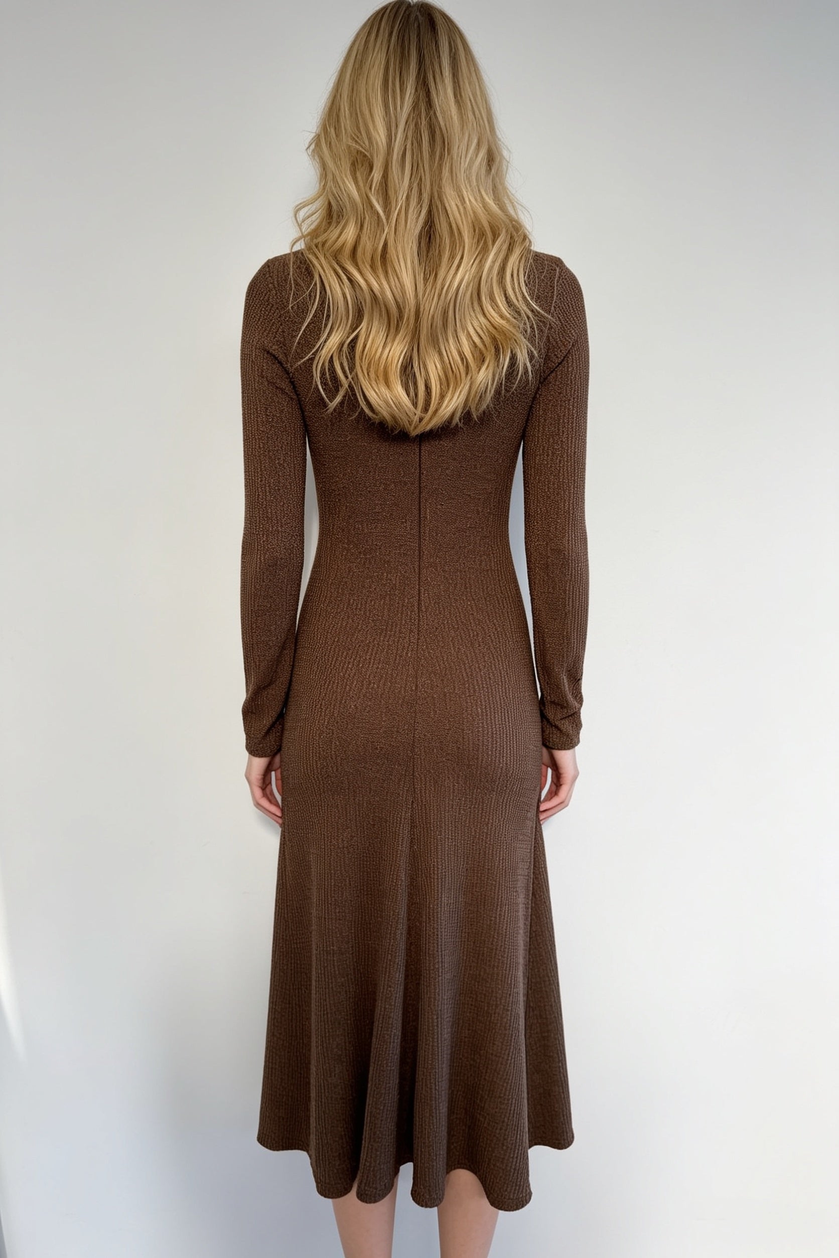 Chocolate Brown Ribbed Knit V-Neck Ruched Long Sleeve Midi Dress