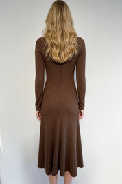 Chocolate Brown Ribbed Knit V-Neck Ruched Long Sleeve Midi Dress
