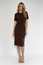 Chocolate Brown Crew Neck Short Sleeve Side Ruched Midi Dress
