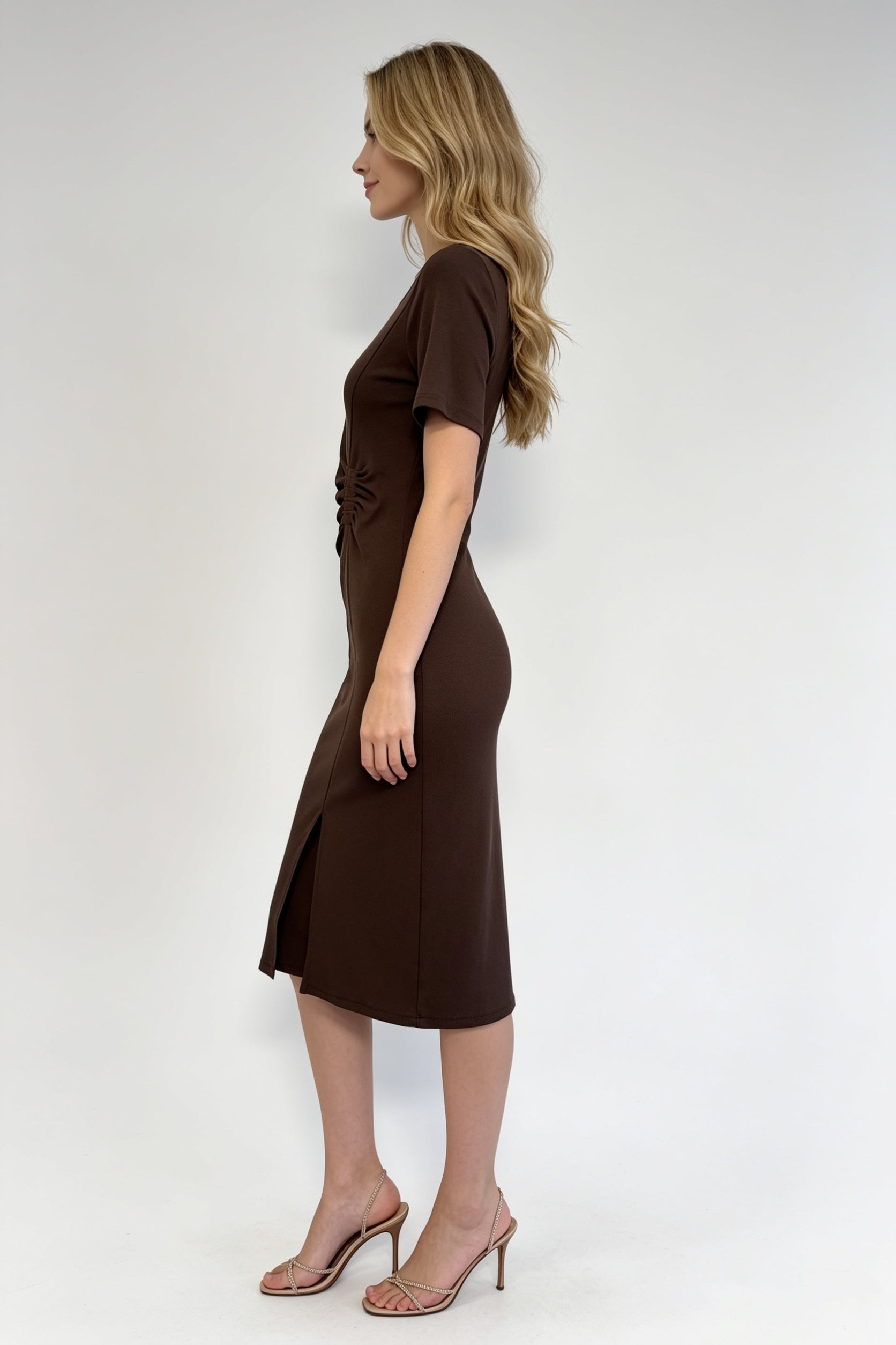 Chocolate Brown Crew Neck Short Sleeve Side Ruched Midi Dress