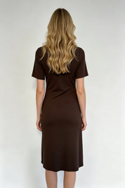Chocolate Brown Crew Neck Short Sleeve Side Ruched Midi Dress
