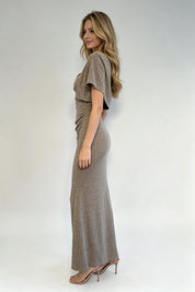 Mocha Shimmer Knit Sweetheart Bolero & Maxi Dress Set