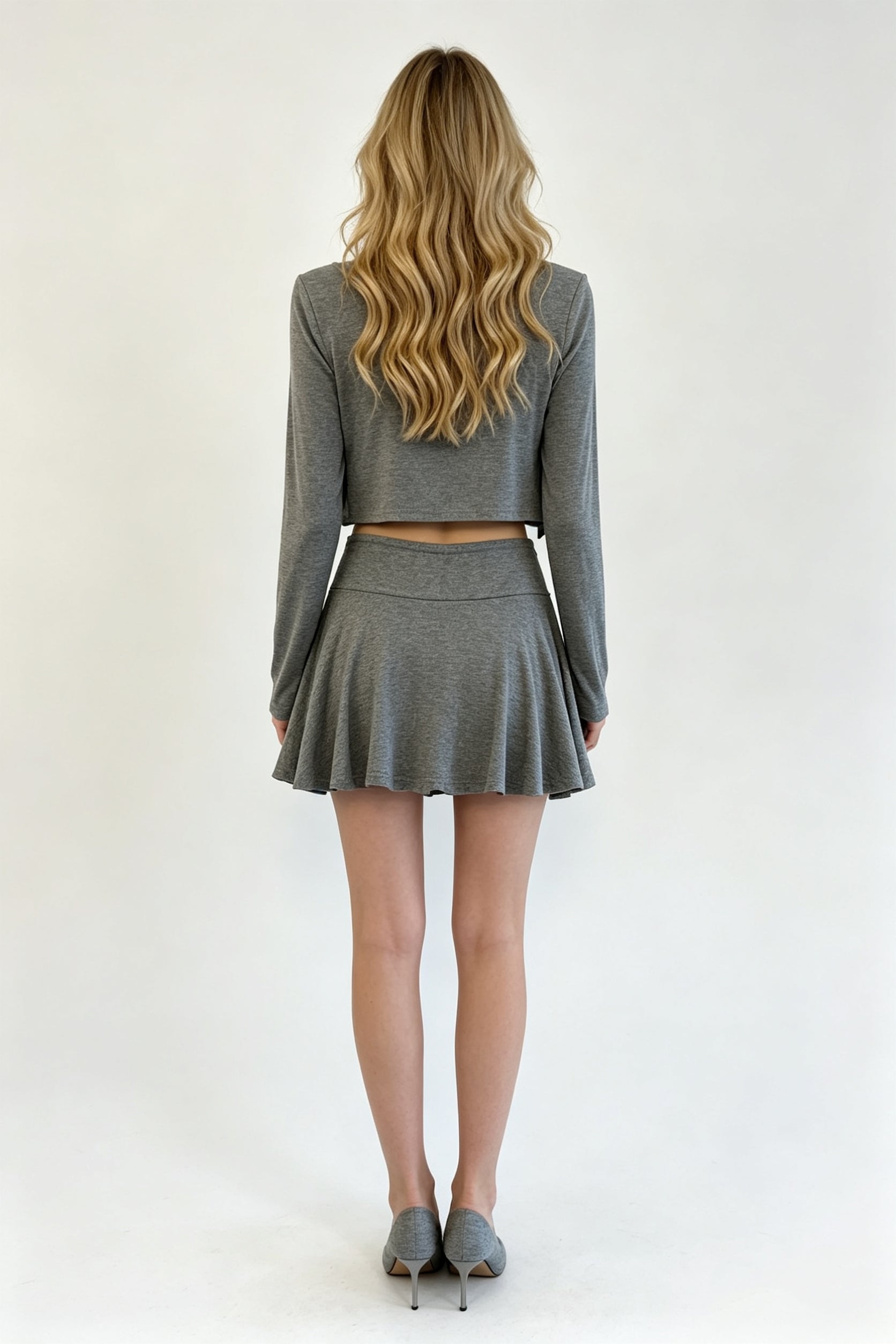 Grey Shimmer Knit Cami, Blazer & Pleated Mini Skirt Three-Piece Set