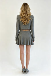 Grey Shimmer Knit Cami, Blazer & Pleated Mini Skirt Three-Piece Set