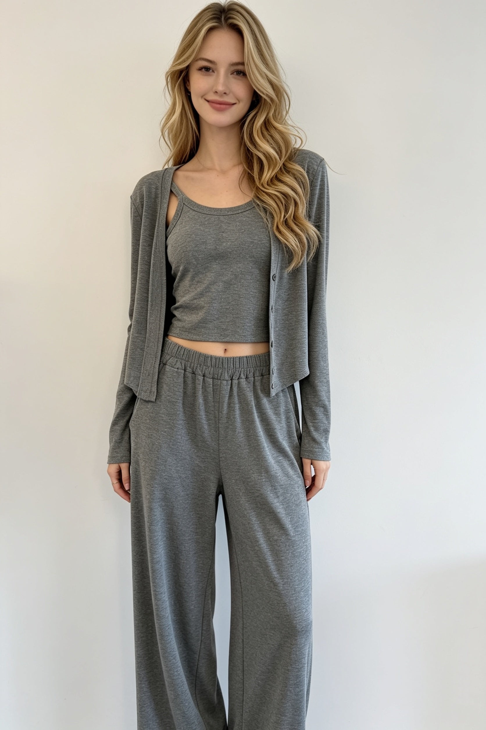 Grey Shimmer Knit Cami, Cardigan & Wide-Leg Trouser Three-Piece Set