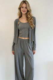 Grey Shimmer Knit Cami, Cardigan & Wide-Leg Trouser Three-Piece Set