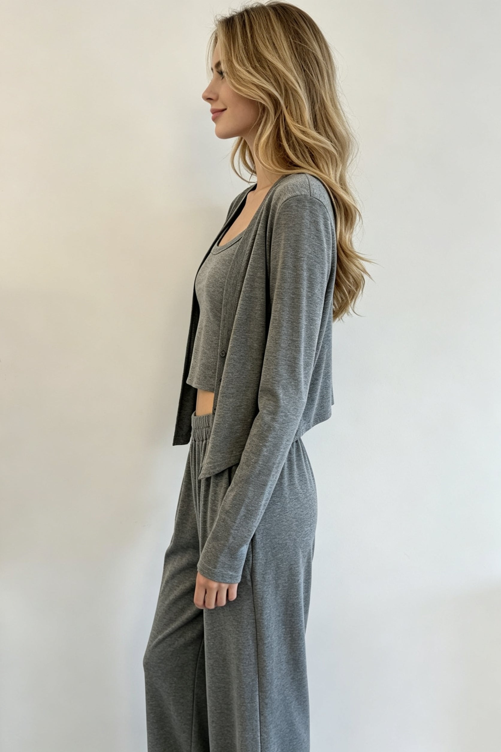 Grey Shimmer Knit Cami, Cardigan & Wide-Leg Trouser Three-Piece Set