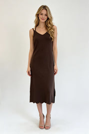 Chocolate Brown Ribbed Knit Cross-Back Scallop Hem Slip Midi Dress