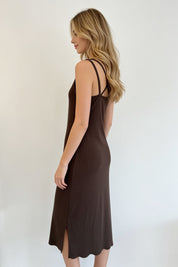 Chocolate Brown Ribbed Knit Cross-Back Scallop Hem Slip Midi Dress