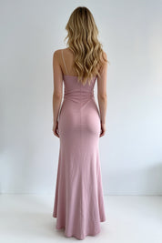 Dusty Rose Satin Twist-Knot Ruched Fishtail Maxi Dress