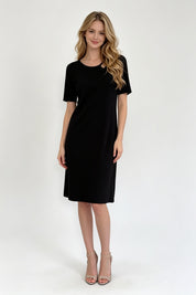 Black Short Sleeve Double Strap A-Line Midi Dress