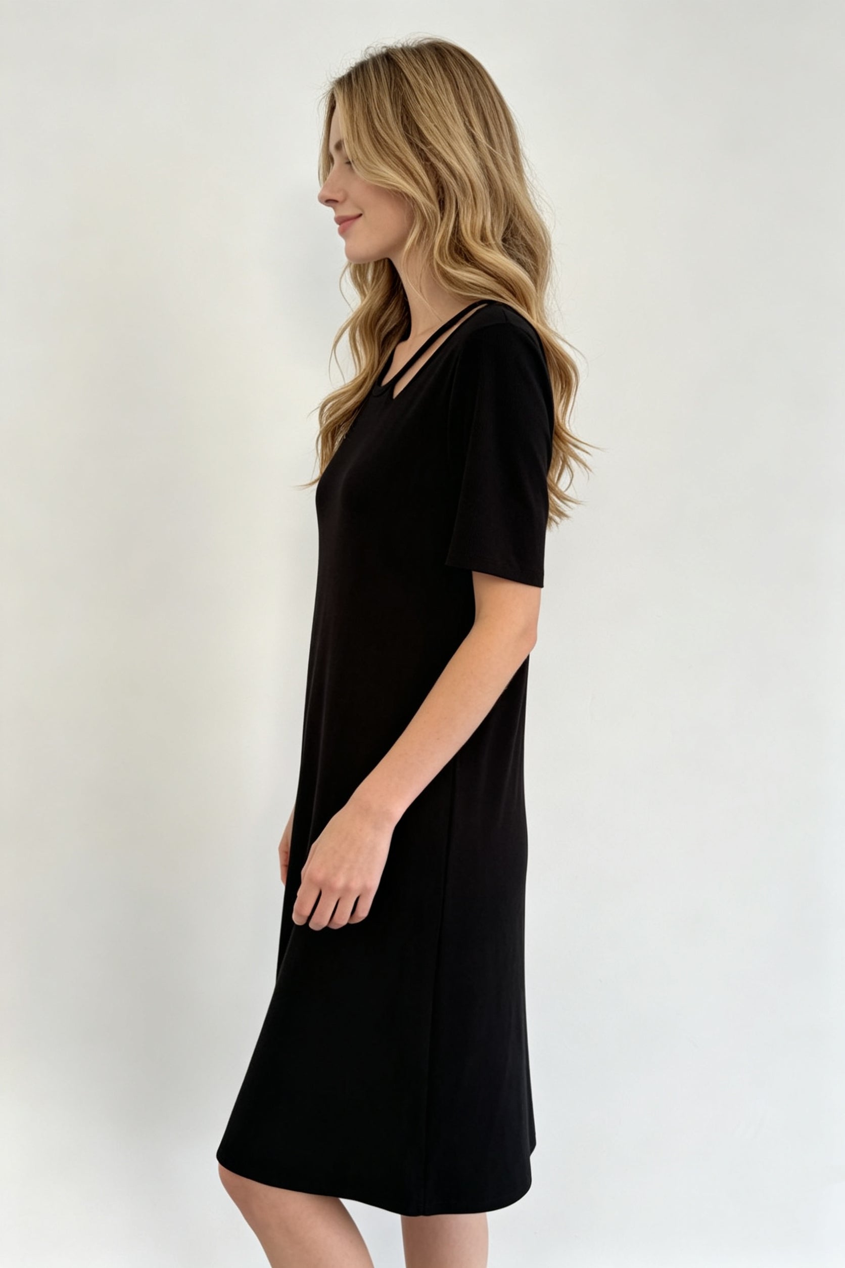 Black Short Sleeve Double Strap A-Line Midi Dress