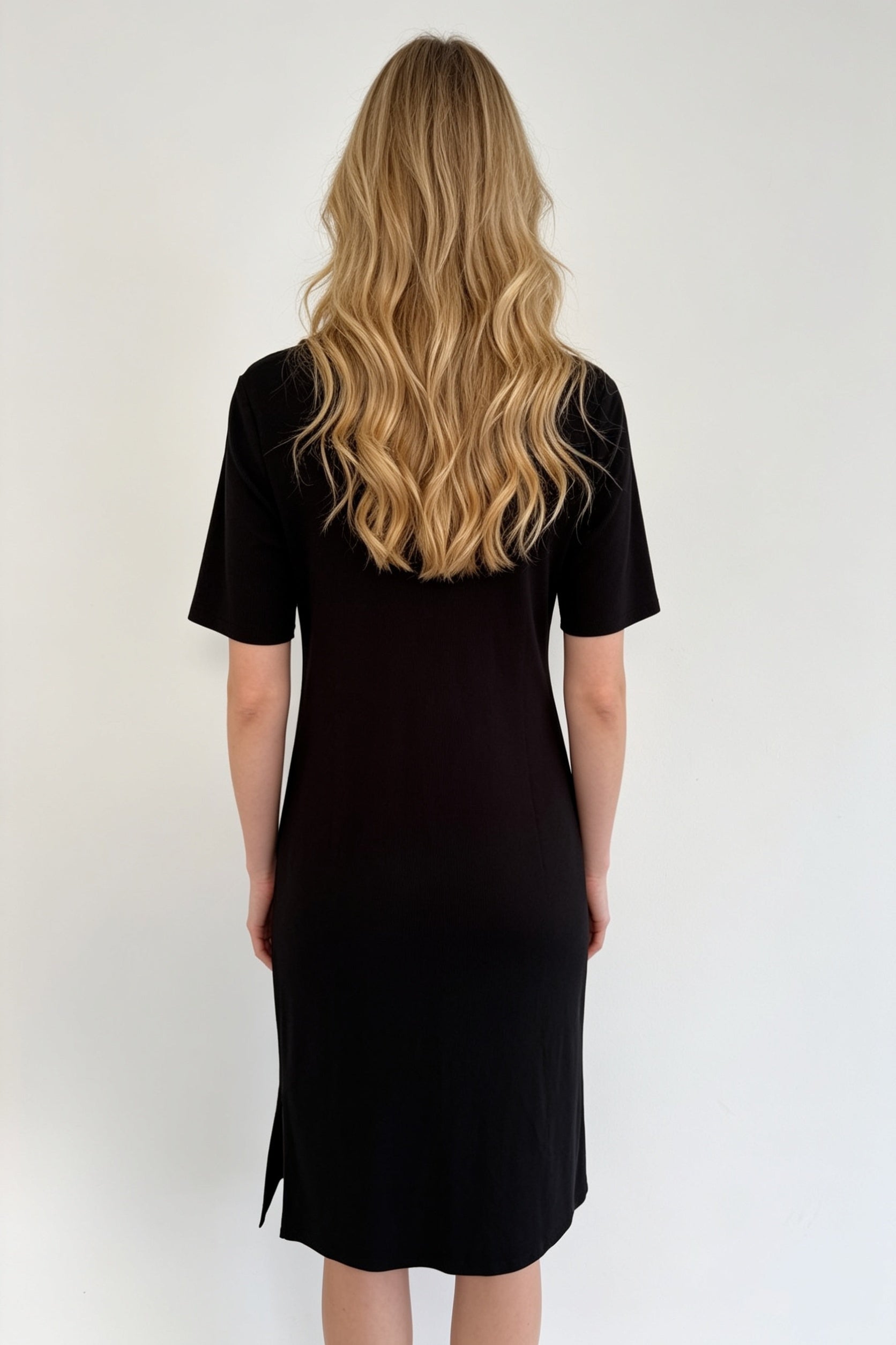 Black Short Sleeve Double Strap A-Line Midi Dress