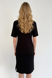 Black Short Sleeve Double Strap A-Line Midi Dress