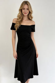 Black Cross-Tie Bow Back Ruched A-Line Midi Dress