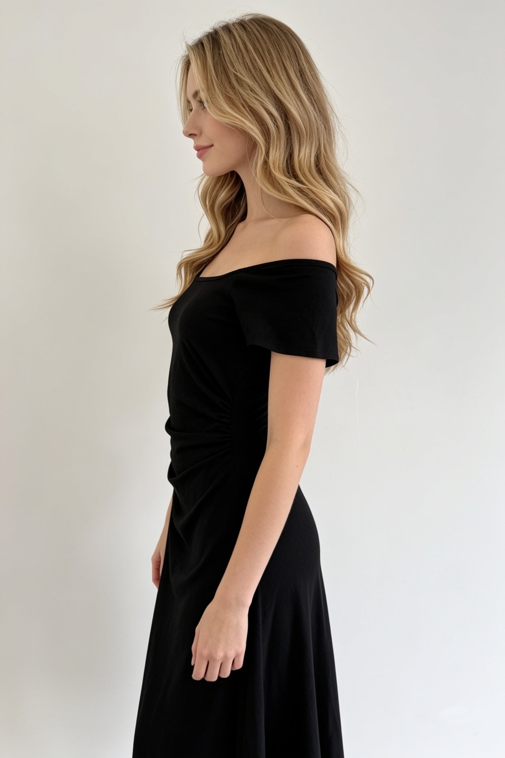 Black Cross-Tie Bow Back Ruched A-Line Midi Dress