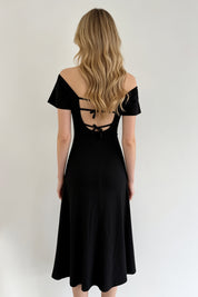 Black Cross-Tie Bow Back Ruched A-Line Midi Dress