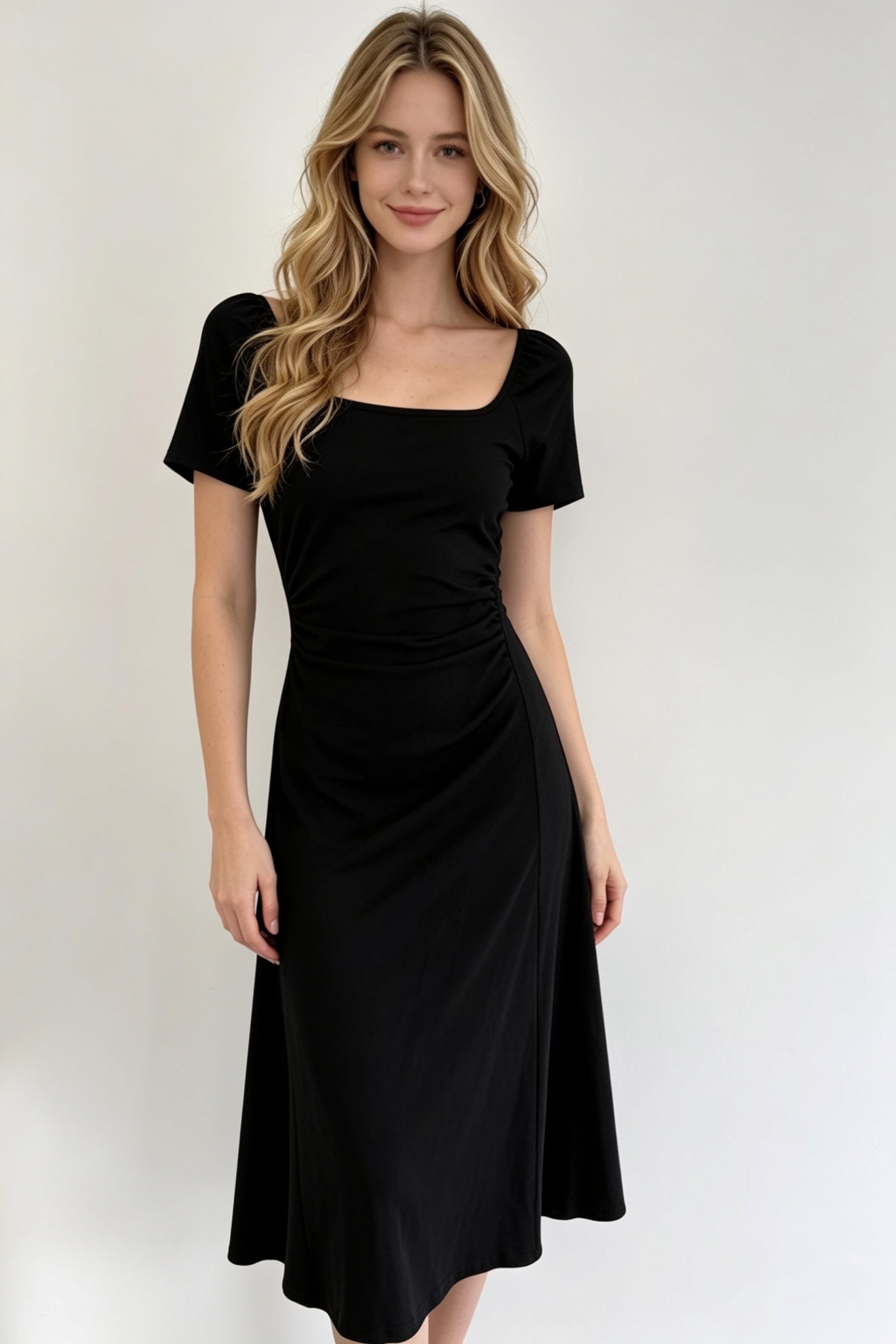 Black Cross-Tie Bow Back Ruched A-Line Midi Dress