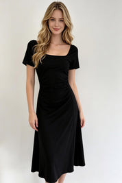 Black Cross-Tie Bow Back Ruched A-Line Midi Dress