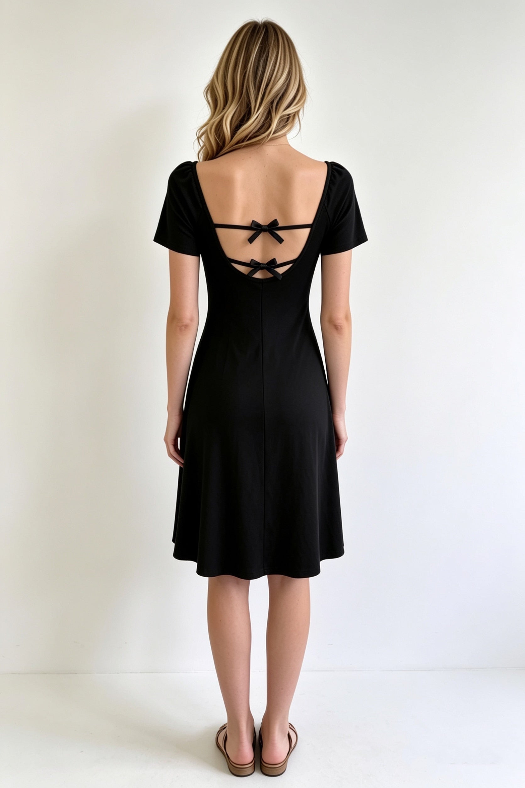 Black Cross-Tie Bow Back Ruched A-Line Midi Dress