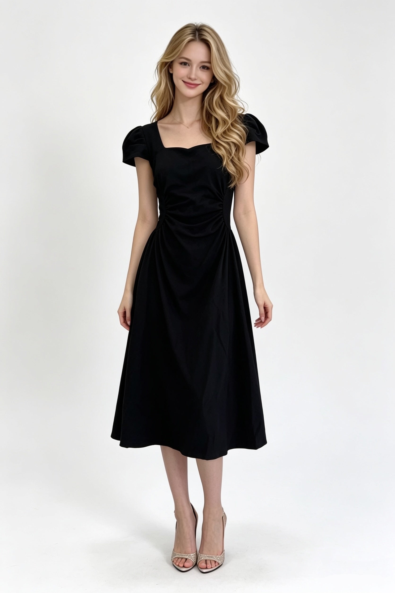 Black Cap Sleeve Sweetheart Ruched A-Line Midi Dress
