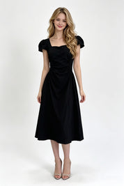 Black Cap Sleeve Sweetheart Ruched A-Line Midi Dress