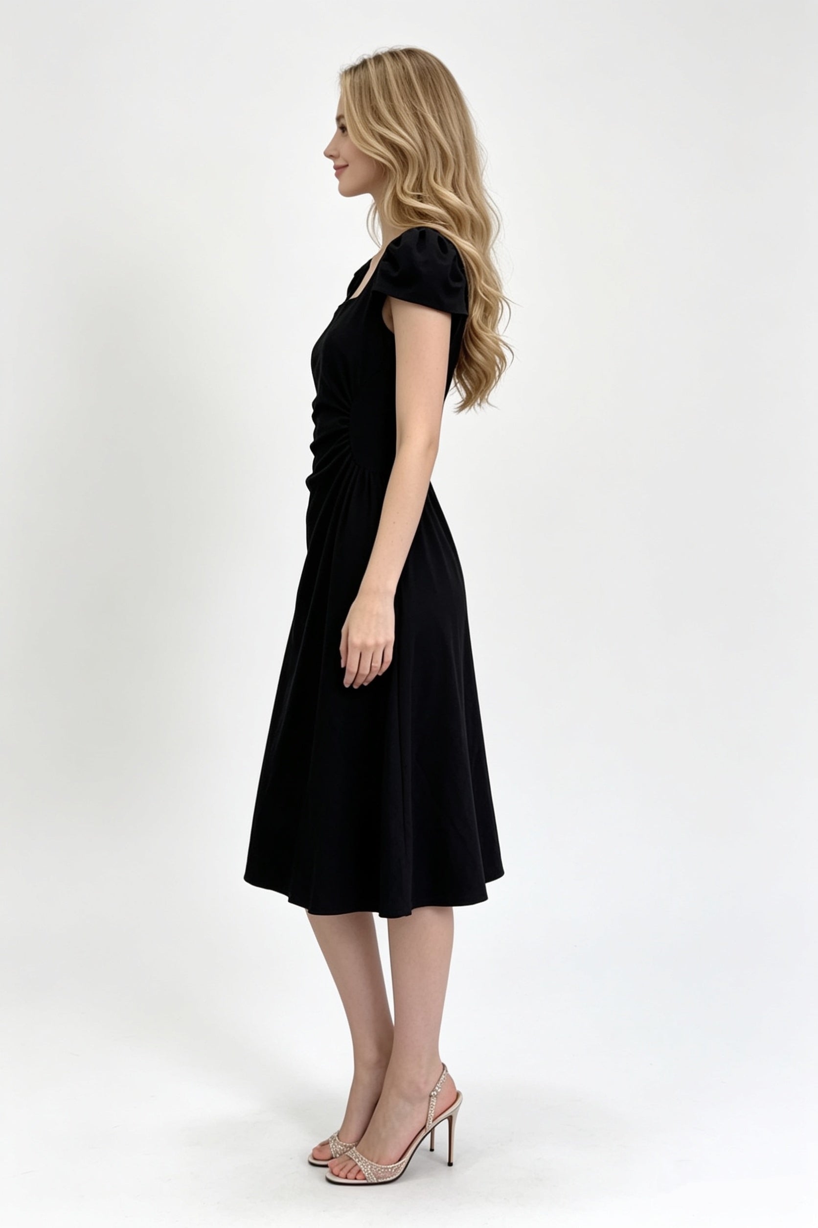 Black Cap Sleeve Sweetheart Ruched A-Line Midi Dress