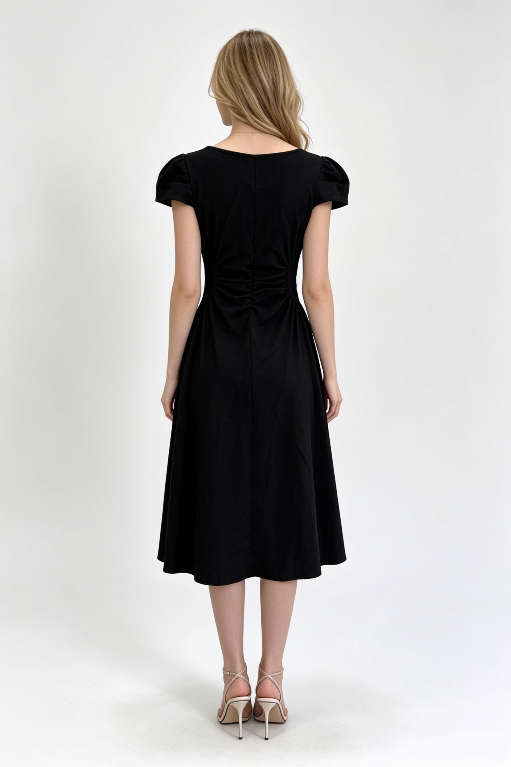 Black Cap Sleeve Sweetheart Ruched A-Line Midi Dress