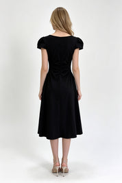 Black Cap Sleeve Sweetheart Ruched A-Line Midi Dress