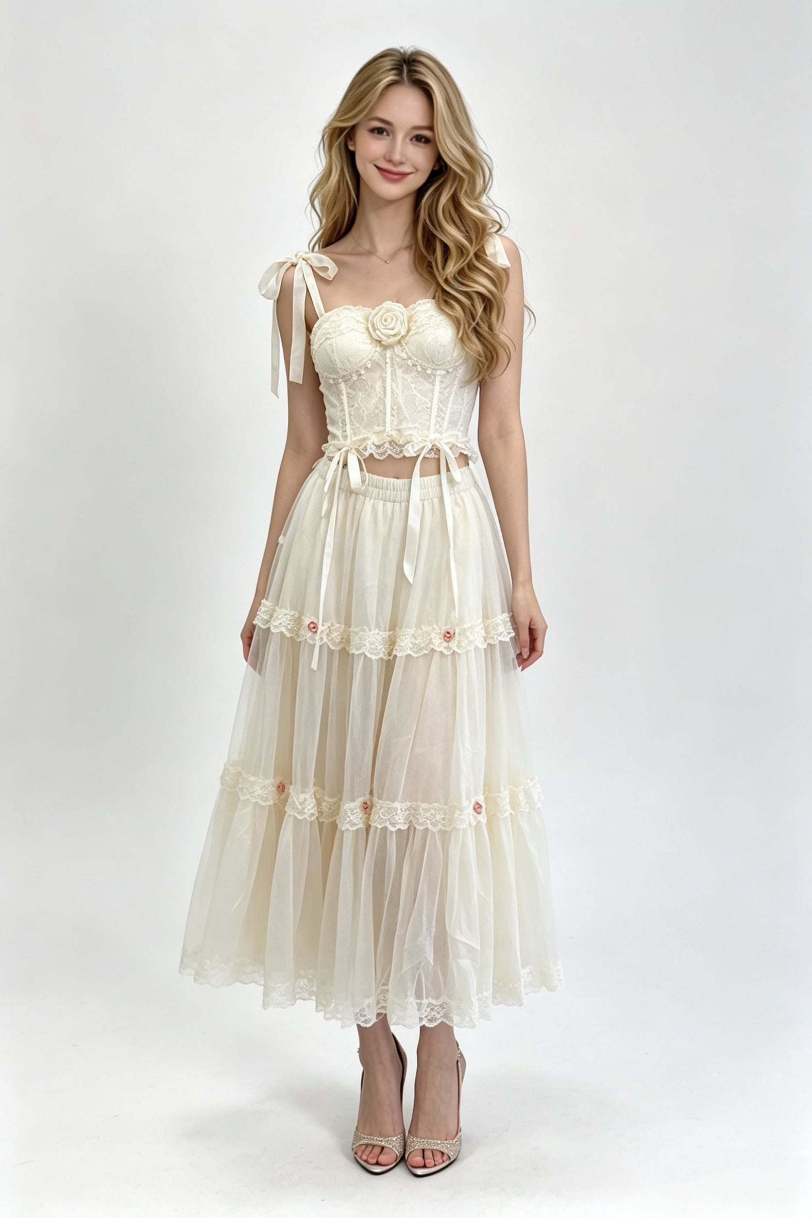 Cream Rose Appliqué Lace-Up Corset & Sheer Tiered Tulle Midi Skirt Set