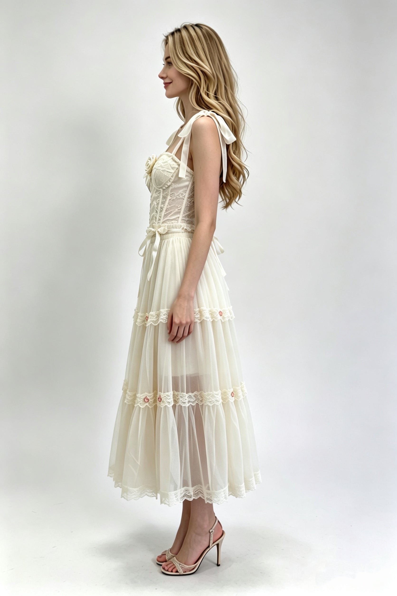 Cream Rose Appliqué Lace-Up Corset & Sheer Tiered Tulle Midi Skirt Set