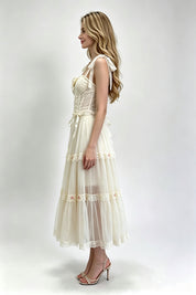 Cream Rose Appliqué Lace-Up Corset & Sheer Tiered Tulle Midi Skirt Set