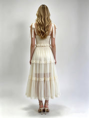 Cream Rose Appliqué Lace-Up Corset & Sheer Tiered Tulle Midi Skirt Set