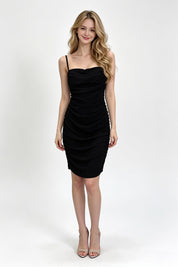 Black Sweetheart Spaghetti Strap Ruched Bodycon Mini Dress