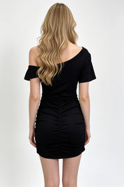 Black Asymmetric One-Shoulder Pearl Cutout Ruched Bodycon Mini Dress