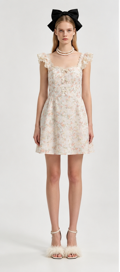 Cream Floral Jacquard 3D Appliqué Ruffle Flutter Sleeve Mini Dress