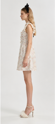 Cream Floral Jacquard 3D Appliqué Ruffle Flutter Sleeve Mini Dress