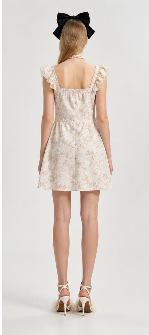 Cream Floral Jacquard 3D Appliqué Ruffle Flutter Sleeve Mini Dress