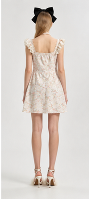 Cream Floral Jacquard 3D Appliqué Ruffle Flutter Sleeve Mini Dress