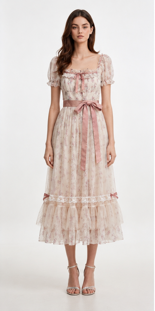 Cream Floral Chiffon Puff Sleeve Satin Sash Tiered Ruffle Midi Dress
