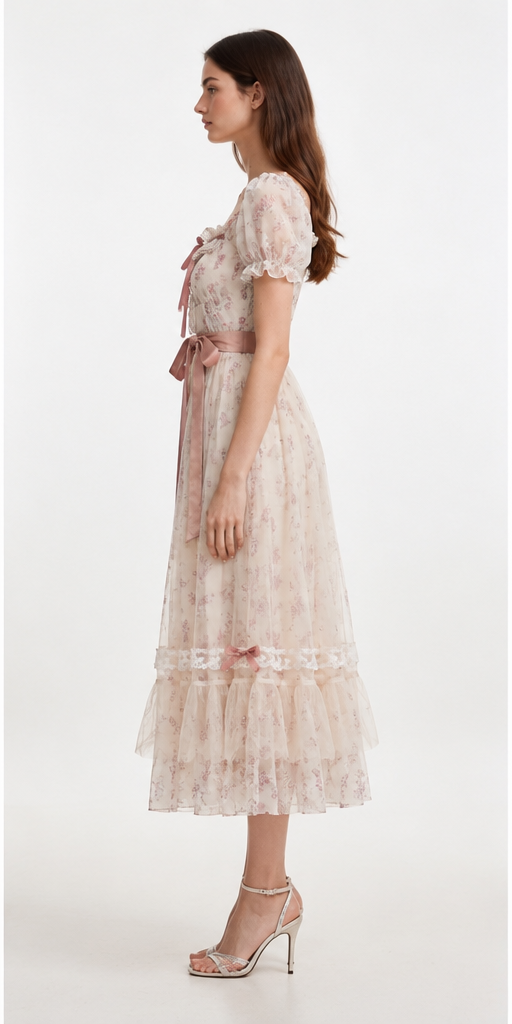 Cream Floral Chiffon Puff Sleeve Satin Sash Tiered Ruffle Midi Dress