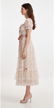 Cream Floral Chiffon Puff Sleeve Satin Sash Tiered Ruffle Midi Dress