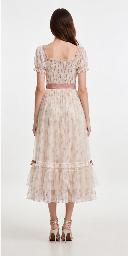 Cream Floral Chiffon Puff Sleeve Satin Sash Tiered Ruffle Midi Dress