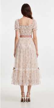 Cream Floral Chiffon Puff Sleeve Satin Sash Tiered Ruffle Midi Dress